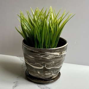 Black White Marble Ceramic Planter Pot | Plant Pot with Dish Spring Decor| Stoneware Plant Pot | Succulent Planter| Modern Planter Drainage