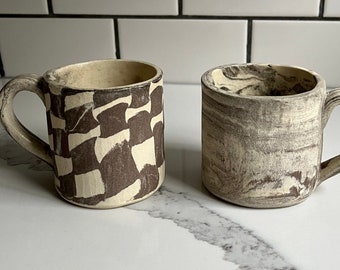 Natural Stoneware Mug Set | Mug Gift Set | Set of 2 Mugs | Checkered Clay Ceramic Mug | Handmade Black Cream Mug| Natural Clay Ceramic Mug