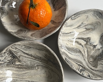 Set of 3 Marble Stoneware Bowls| Organic Shape Ceramic Spice Bowls| Nesting Bowl Set | Styling Ring Dish|  Jewelry Trinket Bowl