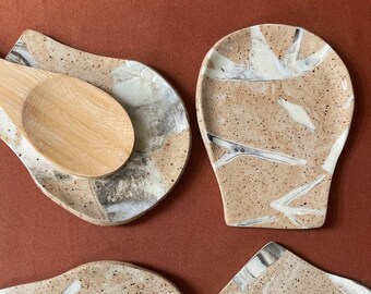 NEW Speckled Spoon Rest | Organic Shape Speckled Mix Clay Spoon Rest |  Geometric Pattern Utensil Holder