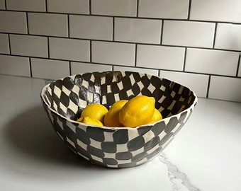 Extra Large Stoneware Bowl | Organic Edge  Bowl | Black Checkered Salad Bowl | Ceramic Fruit Bowl | Handmade Asymmetrical Modern Bowl