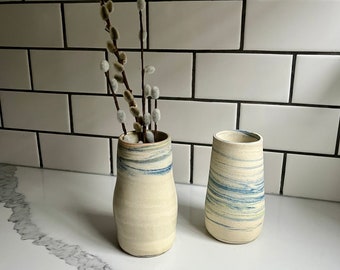 Round Yellow Blue Swirl Vase | Stoneware Natural Clay Bud Vase | Modern Vase| Vases for Flowers | Modern Home Decor| Minimalist Modern Decor