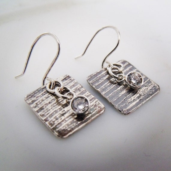 Cait. Square Earrings in Silver With Patina and Cubic Sparkle. One
