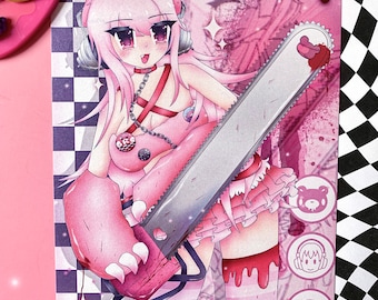 May include: A pink anime character with pink hair and a pink dress holding a large chainsaw with blood dripping from it. The background is pink and white with a checkered pattern.