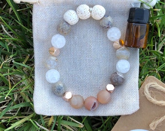 Boho Diffuser Bracelet gift set with essential oil included! White Lava rock, fire agate stone & White Crystal Quartz