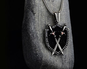 Silver Sword Necklace , Double Sword Necklace,  Oxidized Silver Shield Necklace , 925k Sterling Silver Necklace , Gift For Him