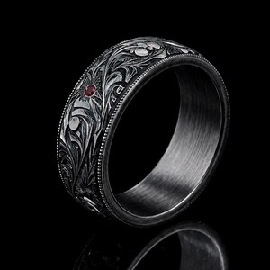 Hand Engraved Ruby Stone Rhodium Band Ring, Engraved Wedding Band, Men Engraved Band, Unisex Wedding Band, Promise 925k Sterling Silver