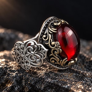 May include: A silver ring featuring a large, oval-shaped, deep red translucent stone set in a decorative metal frame. The band and setting are adorned with intricate, raised scrollwork patterns in a mix of silver and darkened metallic tones.