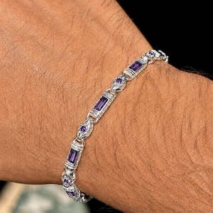 Heren zilveren amethist gegraveerde schakelarmband, handgemaakte Byzantijnse edelsteenarmband, paarse heren schakelketting herenarmband, vintage 925-armband