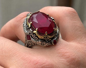Anello da uomo in argento con rubino, anello da uomo in argento con gemma rossa audace, anello con rubino, anello da uomo turco fatto a mano, argento sterling 925, regalo per uomo