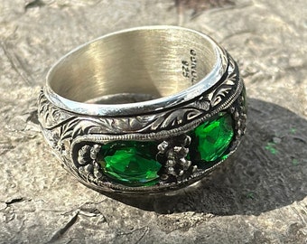 Men Silver Engraved Band Ring, Silver Emerald Stone Ring , Ottoman Style Hand-Engraved Ring, Men Wedding Ring, 925k Silver Handmade Men Ring