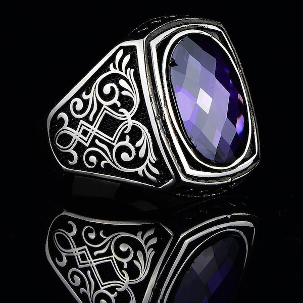 Amethyst Bague en argent pour hommes , Bague faite à la main pour hommes , Bague de style ottoman , Bague turque en argent faite à la main, Bague en argent sterling 925k