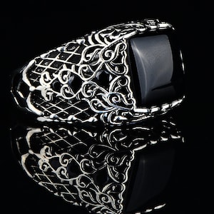 Mens Black Onyx Ring , Silver Square Onyx Ring , Ottoman Embroidered Men&#39;s Ring , Silver Anniversary Ring , 925k Sterling Silver Ring