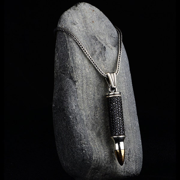 Silver Bullet Necklace , Black Stone Bullet Necklace , Bullet Pendant , Oxide Men's Necklace , 925k Sterling Silver , Gift For Him