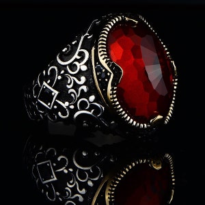 Natural Ruby Stone Ring , Man Handmade Silver Ring , Red Stone Ring, Engraved Silver Ring , Ottoman Style Ring , 925k Sterling Silver Ring