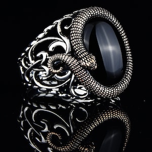 Silver Onyx Ring , Silver Snake Model Ring , Silver Serpent Ring , Men Gothic Design Snake Ring , 925k Sterling Silver Ring , Gift For Him