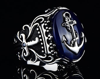 Silver Anchor Ring , Blue Agate Stone Ring , Silver Sailor Ring , Silver Captain Ring Oxide Men&#39;s Ring , 925k Sterling Silver Ring