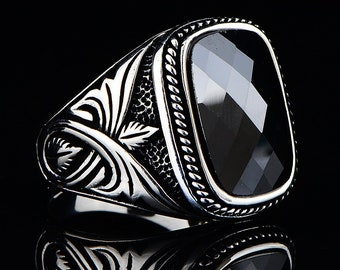 Aooaz Mens Stainless Steel Ring Silver Plated Black Square Stone CZ Engraved Pattern Retro Wedding Band