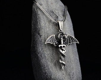 Silver Dragon Necklace , Silver Sword Pendant , Silver Warrior Jewelry , Dragon Silver Pendant , 925k Sterling Silver , Gift For Him