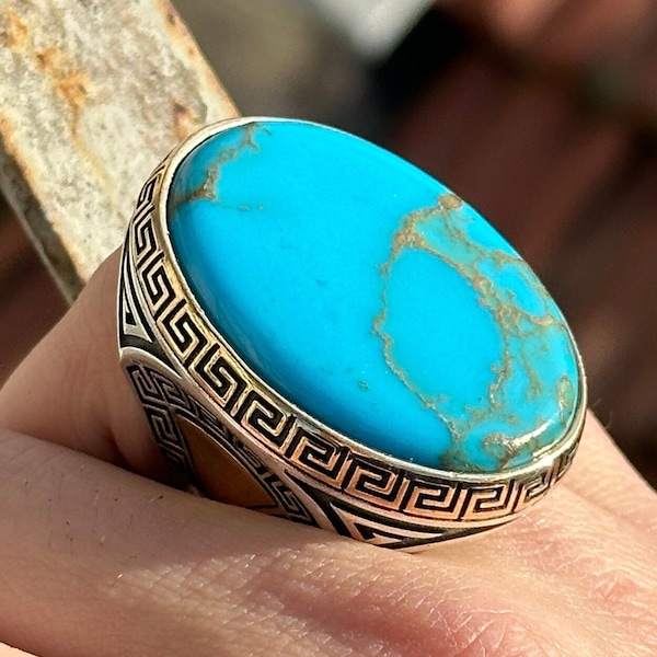 Large Natural Turquoise Ring , Mens Handmade Ring , Big Oval Turquoise Ring , Ottoman Jewelry , Modern Sterling Silver Ring , Gift For Him