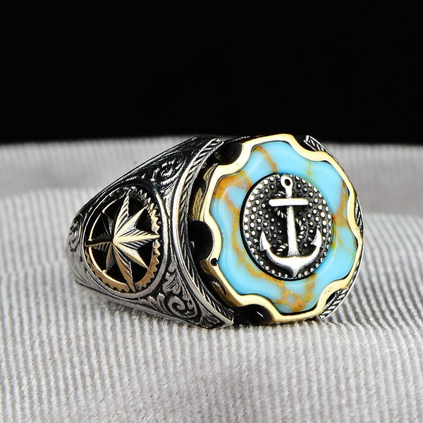 Bague en pierre turquoise argentée, bague modèle d’ancre en argent, bague d’ancre de marin faite à la main, bague de capitaine en argent, bague en argent sterling 925k