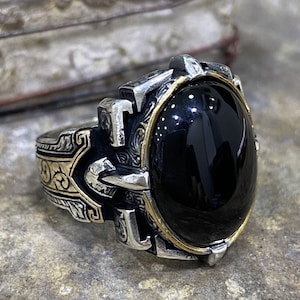 Anel masculino feito à mão, anel oval de pedra de ônix, anel de pedra preciosa de ônix, anel de prata esterlina masculino otomano, anel de prata esterlina 925k turco feito à mão