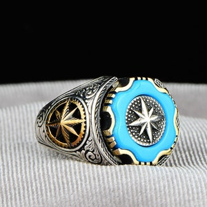 Men Handmade Turquoise Stone Ring , Blue Turquoise Ring , Leaf Pattern Men's Ring , Sterling Silver Handmade Ring , 925k Silver Ring