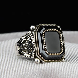 Natural Onyx Stone Ring , Men Handmade Ring , Black Onyx Ring , Ottoman Style Embroidered Ring , 925k Sterling Silver Ring , Gift For Him