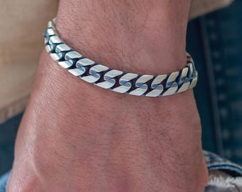 シルバーメンズカーブチェーンリンク9mmブレスレット、女性用ユニ