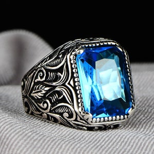 Silver Aquamarine Stone Ring , Blue Aquamarine  Stone Ring , Vintage Men Ring , Turkısh Ottoman Men Ring , 925k Sterling Silver Ring