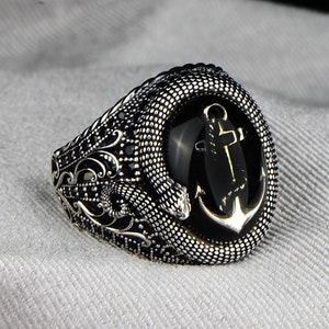 Silver Snake Model Anchor Ring , Silver Handmade Serpent Ring , Black Onyx Stone Ring , 925k Sterling Silver Handmade Ring , Gift For Him