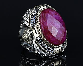 Silber natürlicher Rubinstein Ring, Leon Kopf Tier Siegelring, großer Rubin Edelsteinring, 925 Sterling Silber Ring, Geschenk für Männer