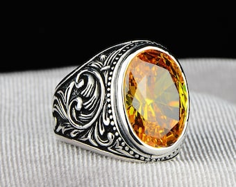 Silver Citrine Stone Ring , Yellow Stone Ring , Engraved Silver Ring , Turkish Handmade Ring , 925k Sterling Silver , Unqiue Gift Ring