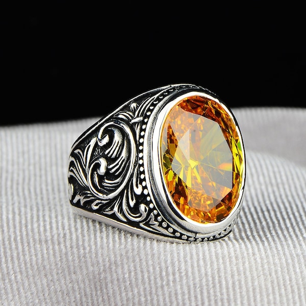 Bague en argent avec pierre de citrine, bague en pierre jaune, bague en argent gravée, bague turque faite main, argent sterling 925 carats, bague cadeau Unqiue