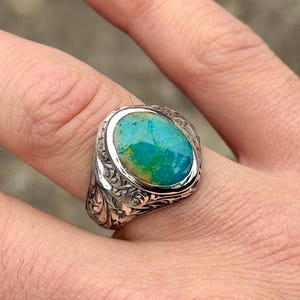 Man Handmade Turquoise Stone Ring, Minimal Turquoise Men Ring, Natural Blue Turquoise Ring, Engraved Men Ring, Gift For Men, 925 Silver