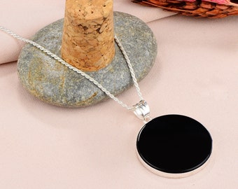 Natural Black Onyx Pendant , 925 Sterling Silver Handmade Natural Black Onyx Necklace , Round Onyx Pendant , 30MM Diameter Onyx Pendant