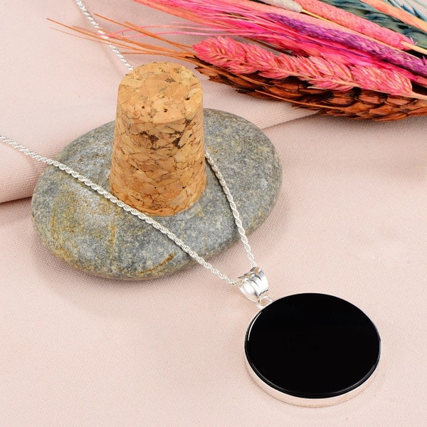 Natural Black Onyx Pendant , 925 Sterling Silver Handmade Natural Black Onyx Necklace , Round Onyx Pendant , 30MM Diameter Onyx Pendant