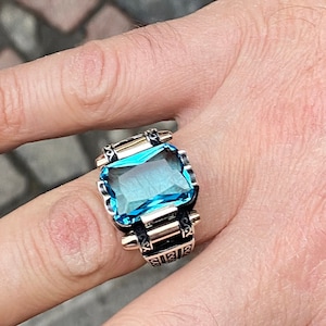 Man Silver Aquamarine Stone Ring , Blue Aquamarine  Stone Ring , Vintage Men Ring , Turkısh Ottoman Men Ring , 925k Sterling Silver Ring