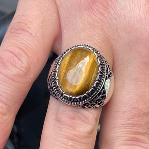 Tiger Eye Stone Ring , Men Handmade Ring , Natural Tiger Eye Gemstone Ring , Turkısh Handmade 925k Sterling Silver Ring , Gift For Him