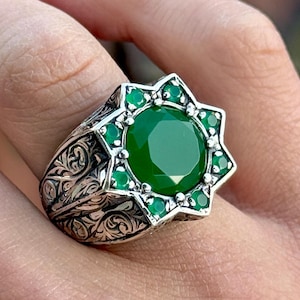 925 Silver Jade Stone Ring, Engraved Vintage Green Jade Ring, Star Design Signet Ring, Turkish Handmade Ring, Perfect Gift, Gift For Men