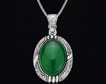 Silver Jade Necklace, Silver Engraved Jade Pendant, Gemstone