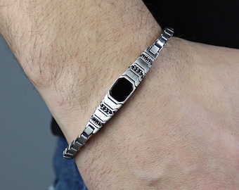 Zilveren zwarte onyx-stenen armband, vierkante onyx-schakelarmband, schakelarmband, Cubaanse schakelarmband, cadeau voor mannen, vaderdagcadeau