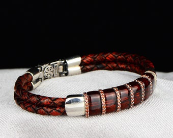 Herren Lederarmband, Silber Natürliches Rubinstein Armband, Einzigartiges Jubiläumsgeschenk für Herren Vintage Armband, 925k Sterling Silber Armband