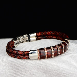 Leren herenarmband , zilveren armband met natuurlijke robijnsteen , uniek jubileumcadeau voor heren vintage armband , 925k sterlingzilveren armband
