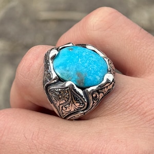 Sterling Silver Turquoise Ring, Men Turquoise Signet Ring, Natural Turquoise Ring, Turkish Handmade Engraved Ring,Gift For Men, Husband Gift