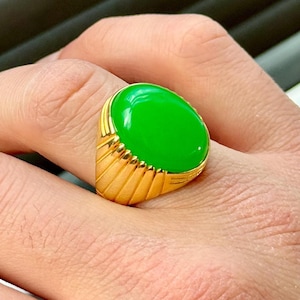Silver Gold Jade Stone Ring, Natural Green Jade Ring, Men Oval Classic Jade Ring, Statement Men Ring, Gift For Men, Father Day Gift