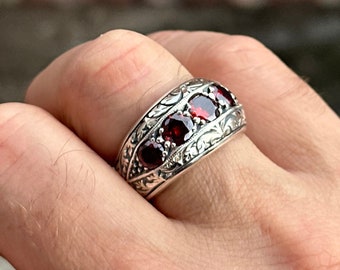 Bague pierre rubis gravée, alliance gravée pour homme, bague en tungstène fait main pour homme, bague pour homme de style ottoman, argent 925 carats