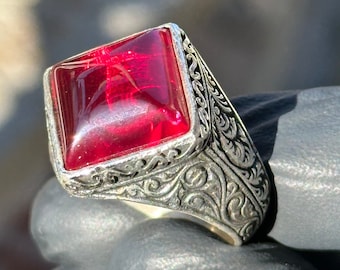 Anello in argento con pietra rubino naturale, anello da uomo inciso, anello in pietra rossa, anello in argento inciso, anello in stile ottomano, anello in argento sterling 925k