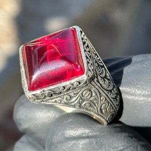 Silver Natural Ruby Stone Ring , Engraved Men Ring , Red Stone Ring,  Engraved Silver Ring , Ottoman Style Ring , 925k Sterling Silver Ring