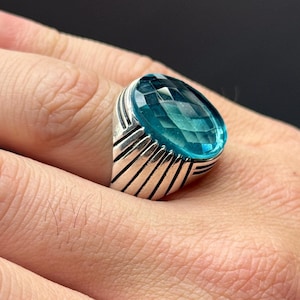 Men Silver Aquamarine Stone Ring , Oval Blue Aquamarine Stone Ring , Vintage Men Ring , Turkish Ottoman Men Ring , 925k Sterling Silver Ring